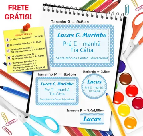 Kit com 79 Etiquetas Escolares Personalizadas Poá Azul