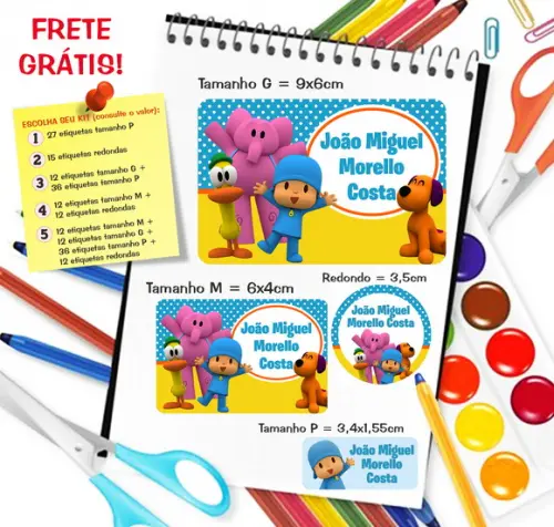 Kit com 79 Etiquetas Escolares Personalizadas Pocoyo