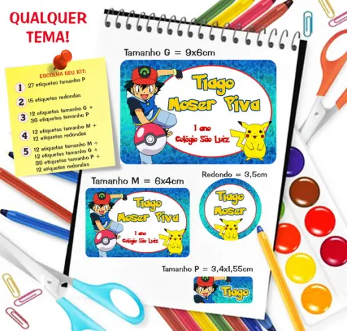 Kit com 79 Etiquetas Escolares Personalizadas Pokemon