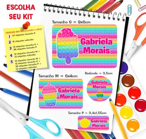Kit com 79 Etiquetas Escolares Personalizadas Pop It