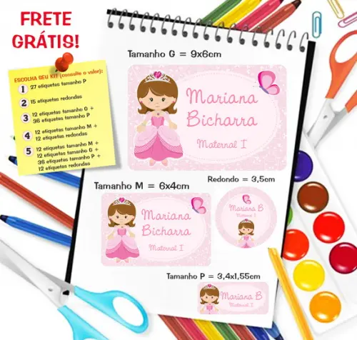 Kit com 79 Etiquetas Escolares Personalizadas Princesa