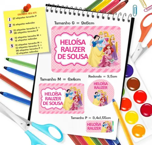 Kit com 79 Etiquetas Escolares Personalizadas Princesas