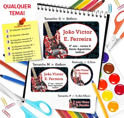 Kit com 79 Etiquetas Escolares Personalizadas Rock