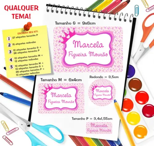 Kit com 79 Etiquetas Escolares Personalizadas Realeza