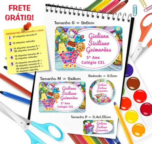 Kit com 79 Etiquetas Escolares Personalizadas Shopkins