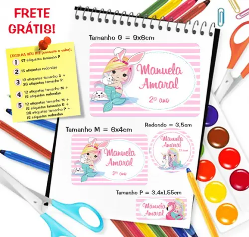Kit com 79 Etiquetas Escolares Personalizadas Sereia Cute