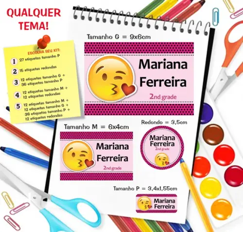 Kit com 79 Etiquetas Escolares Personalizadas Smile