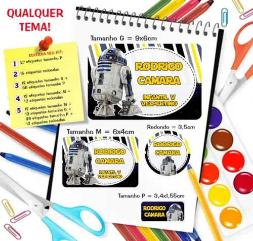 Kit com 79 Etiquetas Escolares Personalizadas Star Wars