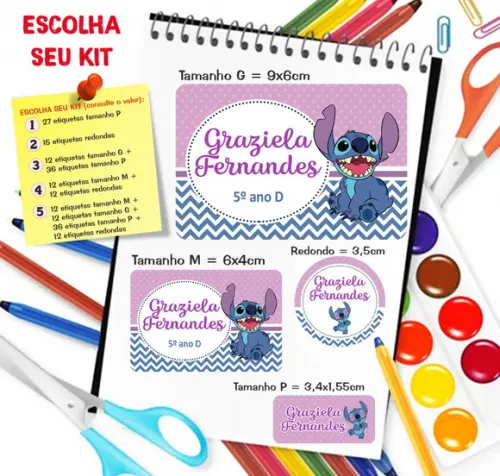 Kit com 79 Etiquetas Escolares Personalizadas Stich + 36p