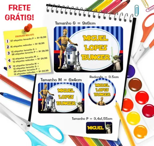 Kit com 79 Etiquetas Escolares Personalizadas Star Wars