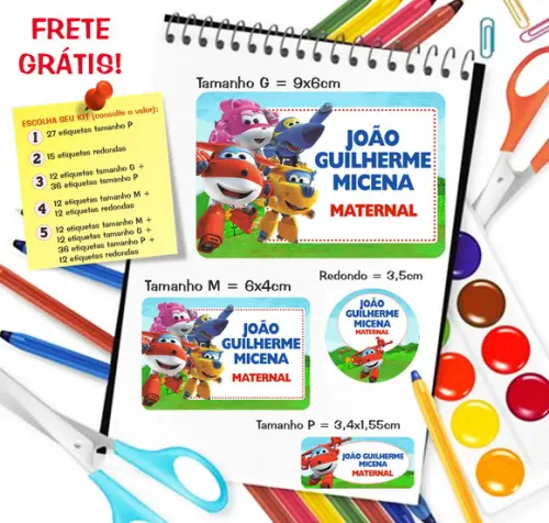 Kit com 79 Etiquetas Escolares Personalizadas Super Wings