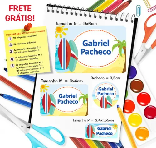 Kit com 79 Etiquetas Escolares Personalizadas Surf Praia