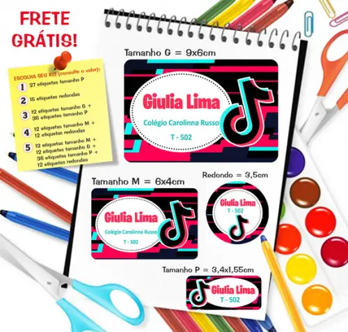 Kit com 79 Etiquetas Escolares Personalizadas Tik Tok