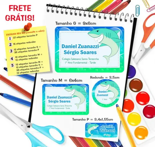 Kit com 79 Etiquetas Escolares Personalizadas Tubarão
