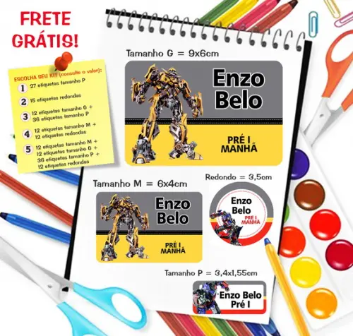 Kit com 79 Etiquetas Escolares Personalizadas Transformers