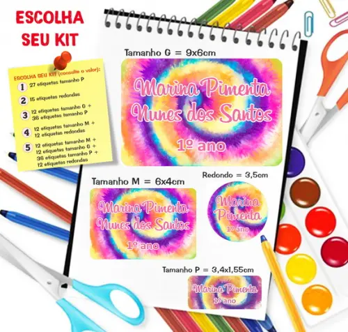 Kit com 79 Etiquetas Escolares Personalizadas Tye Dye