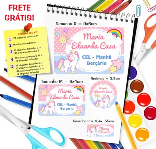 Kit com 79 Etiquetas Escolares Personalizadas Unicórnio