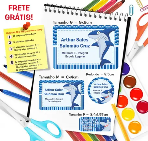 Kit com 79 Etiquetas Escolares Personalizadas Tubarão Azul