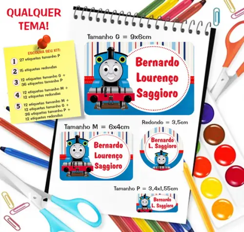 Kit com 79 Etiquetas Escolares Thomas e Seu Amigos