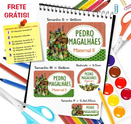 Kit com 79 Etiquetas Escolares Tartarugas Ninjas