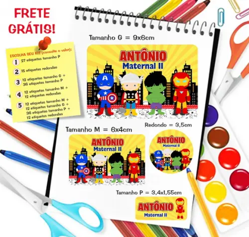 Kit com 79 Etiquetas Escolares Vingadores Cute