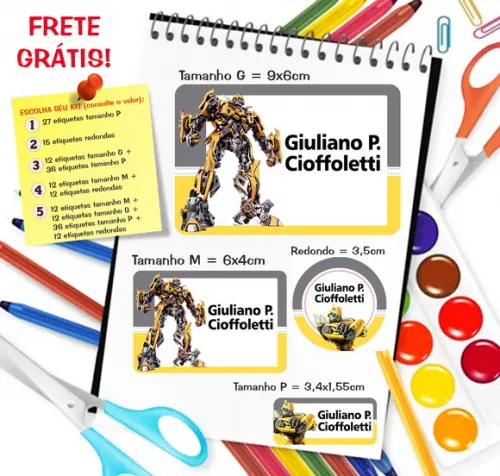 Kit com 79 Etiquetas Escolares Transformers Bumblebee