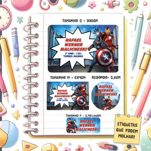 Kit Etiq. Escolares Capitão América e Homem de Ferro 79 Unid