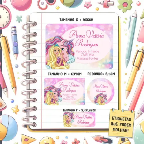 Kit Etiquetas Escolares Barbie Unicórnio 79 Unidades