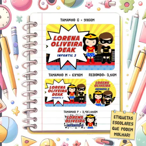 Kit Etiquetas Escolares Heroínas Cute 79 Unidades