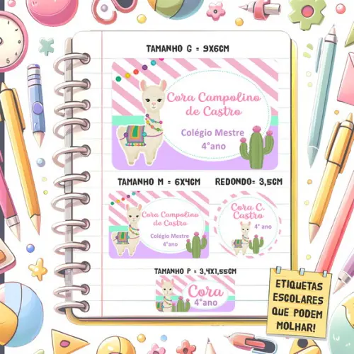 Kit Etiquetas Escolares Lhama Rosa e Lillás 79 Unidades