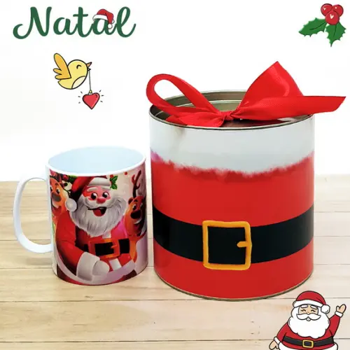 Lata com Caneca de Cerâmica Papai Noel