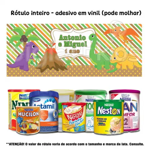 Rótulo Grande para Lata de Leite 800g Dinossauros