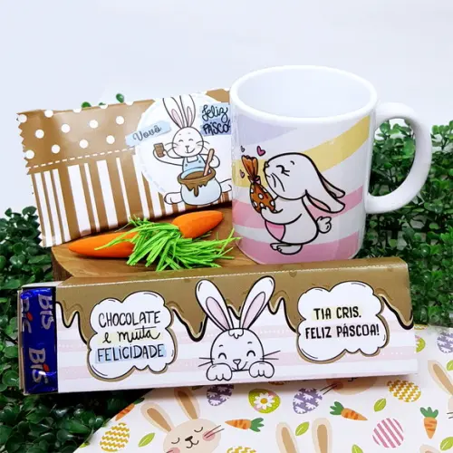 Trio de Páscoa: Caneca, Barra de Chocolate e Caixa de Bis