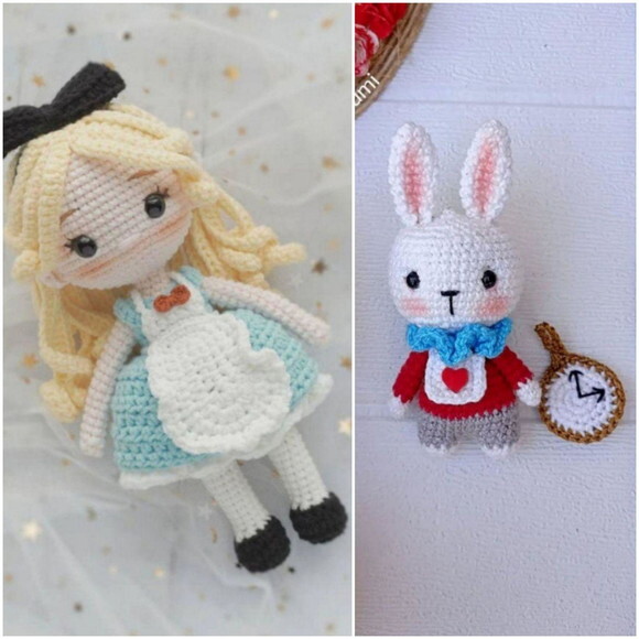 Coelho e Alice no País das Maravilhas Amigurumi/crochê