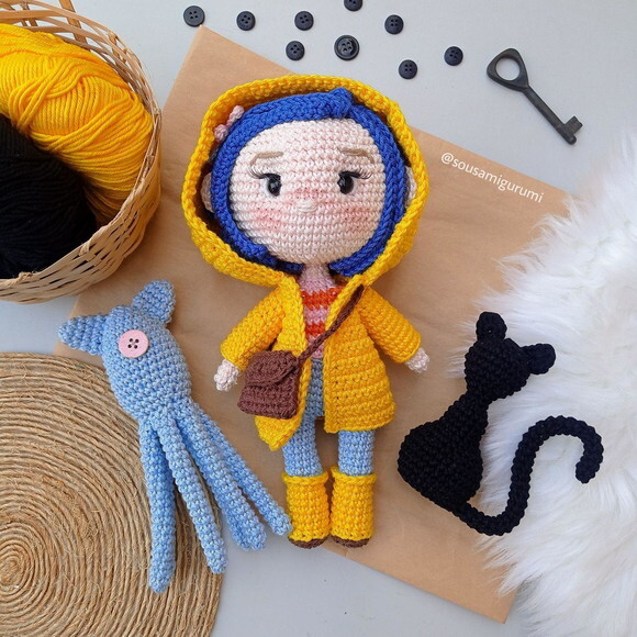 Kit Coraline, Gato e Squid Amigurumi