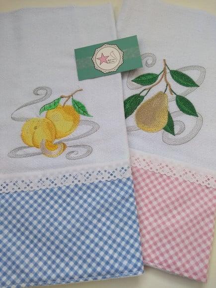 Pano de prato Bordado Frutas - kit com 2