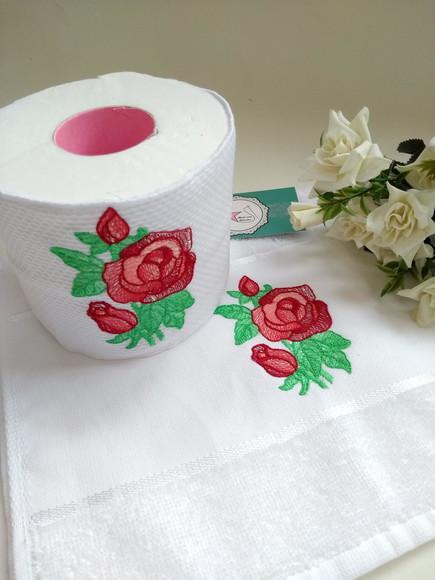 Toalha lavabo e porta papel higiênico rosas - kit 2 peças