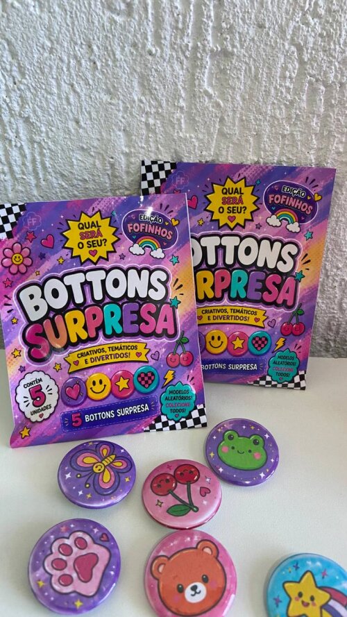 Saquinho Surpresa de Bottons Personalizados – 5 Bottons Exclusi
