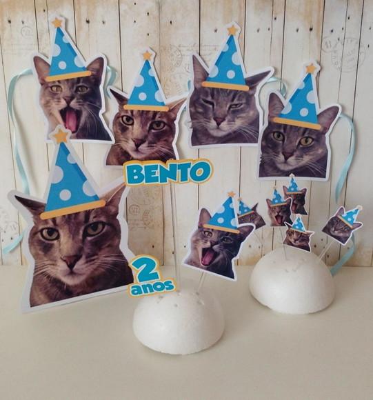 Kit Bandeirola com Foto, Topper e Display com Foto Gato