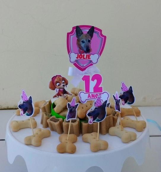 Kit Topper de Bolo Aniversário Pet Caramelo Skye com Foto