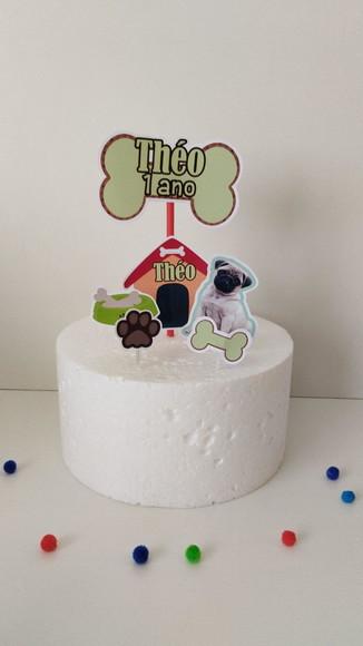 Kit Topper de Bolo com Foto e Chapeuzinho Pet Cachorro Pug