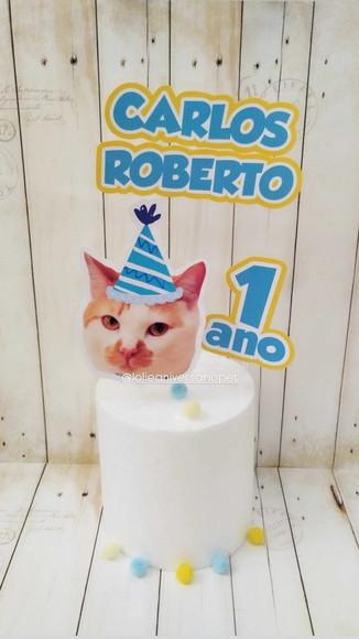 Kit Topper de Bolo com Foto e Chapeuzinho Pet Gato