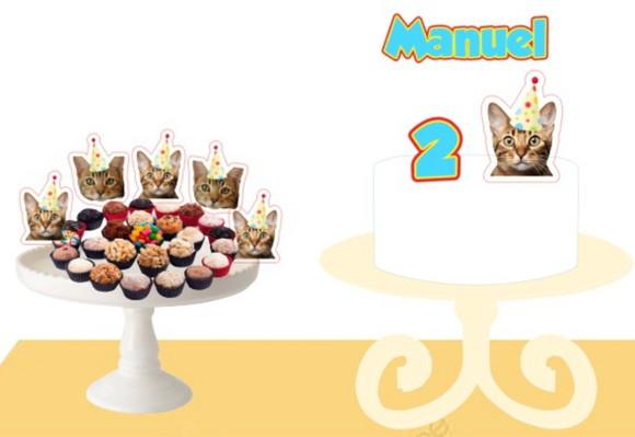 Kit Topper de Bolo Festa Aniversário Pet Gato com Foto