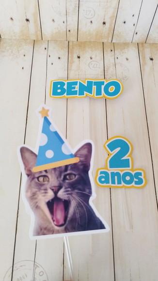 Kit Topper de Bolo Festa Aniversário Gato Bento com Foto