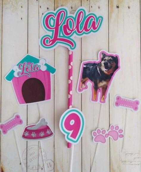 Kit Topper de Bolo Festa Aniversário Pet Lola com Foto