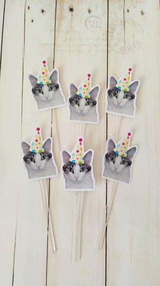 Topper para Docinhos Aniversário Gato com Foto e Chapéu 20un