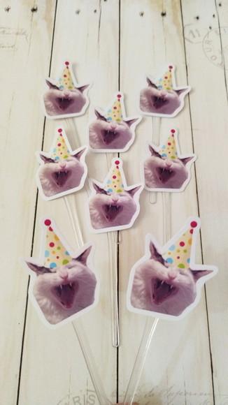 Topper para Docinhos Aniversário Gato com Foto e Chapéu 20un