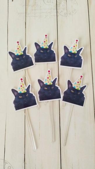 Topper para Docinhos Aniversário Gato com Foto e Chapéu 20un