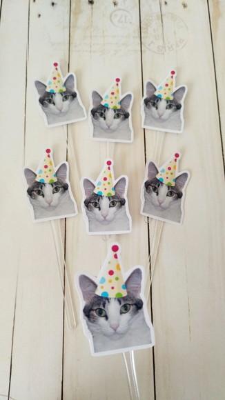 Topper para Docinhos Aniversário Gato com Foto e Chapéu 20un