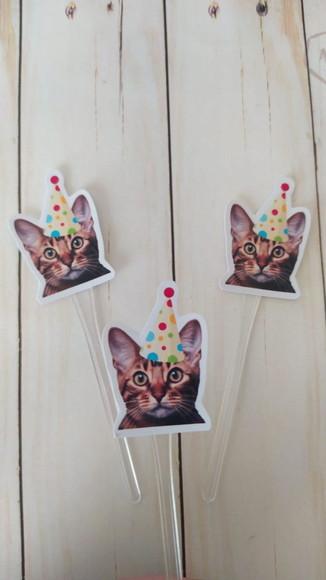 Topper para Docinhos Aniversário Gato com Foto e Chapéu 20un